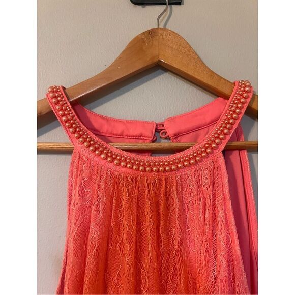 Adrianna Papell 10 High Neck Sleeveless Cocktail Dress Coral Pink Lace Overlay - Picture 9 of 14